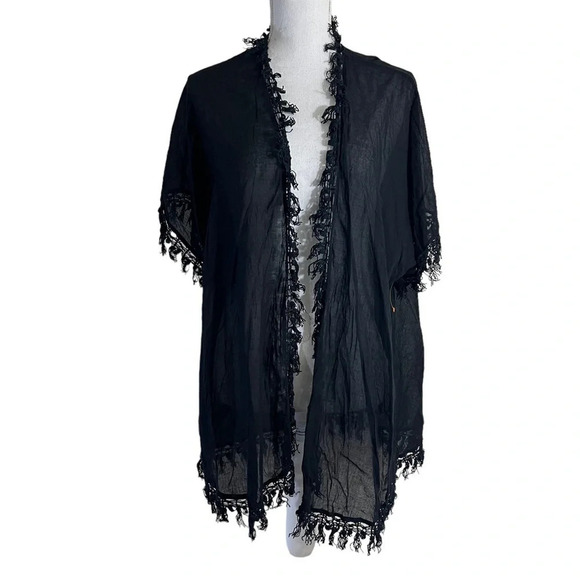 ASOS Black Lightweight Cardigan Size 6 Fringe Trim Short Sleeves Semi Sheer Top - Picture 1 of 7